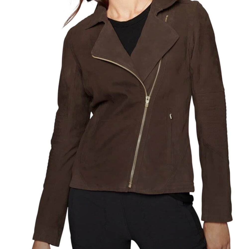 Athleta Helena Suede Brown Moto Biker Asymmetrical Zip Jacket Small Grunge Chic